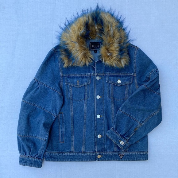 New GUESS Women's Faux-Fur Denim Jacket SZ S - Picture 1 of 7